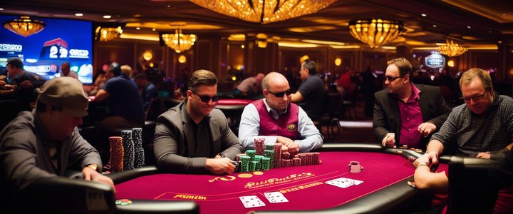 Poker player at WSOP tournament table, stacking chips and smiling.
