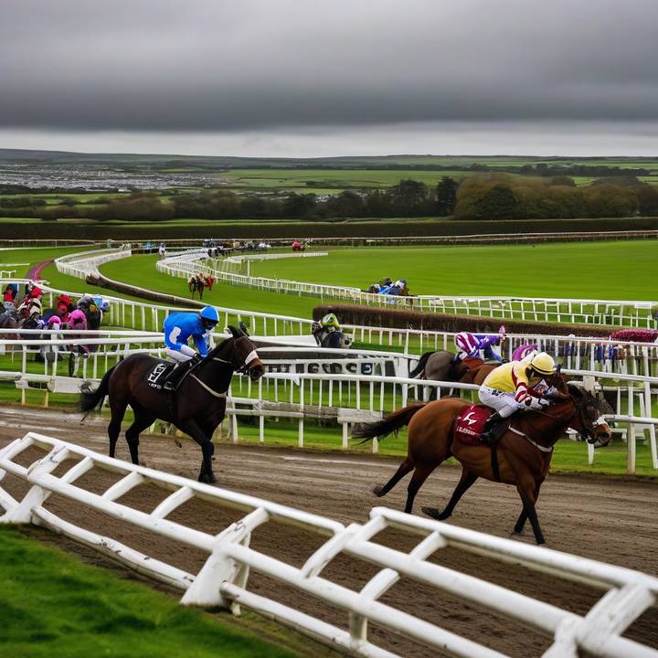 Jockeys riding horses at Galway horse racing track.