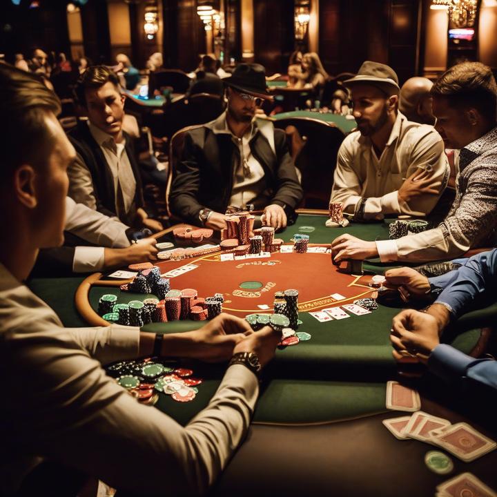 Poker player at a tournament table with cards and chips in hand.