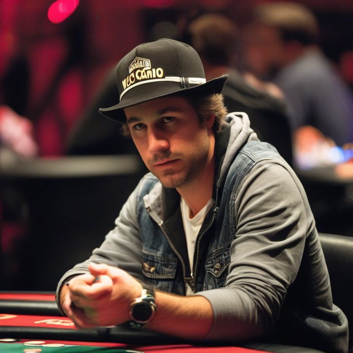 Poker player folding hand, looking confused and frustrated at the table.