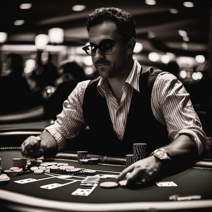 Poker player holding chips, smiling, with cards on the table.
