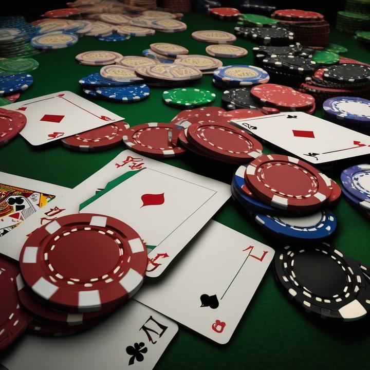 Poker player studying cards at a casino table.
