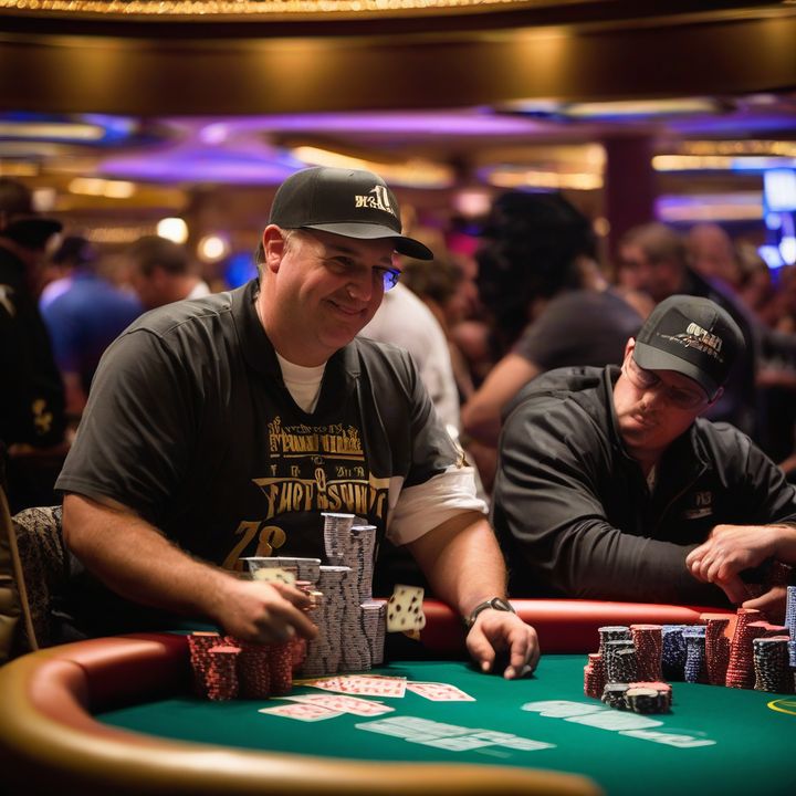 Justin Vaysman holds WSOP gold bracelet and trophy aloft in celebration.