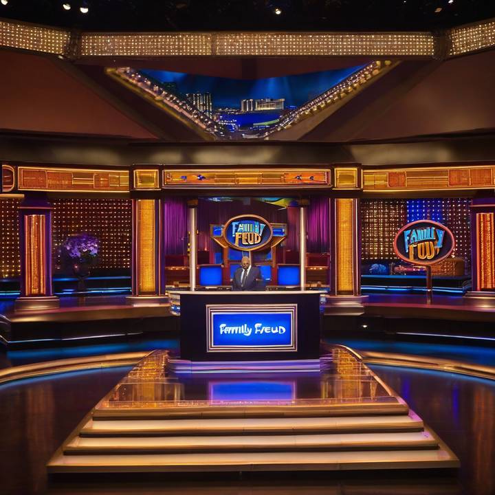 Live Family Feud game show stage in Las Vegas with contestants and host.